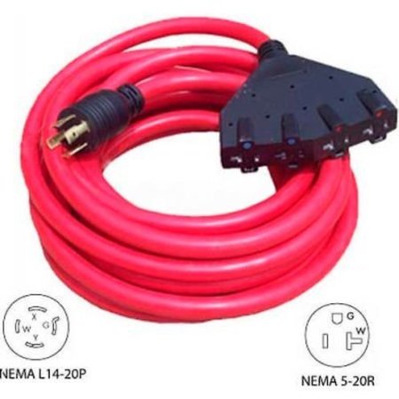 CONNTEK Conntek 20501, 25', 20A Generator Locking Extension Cord with NEMA L14-20P to 15/20R*4, Red 20501
